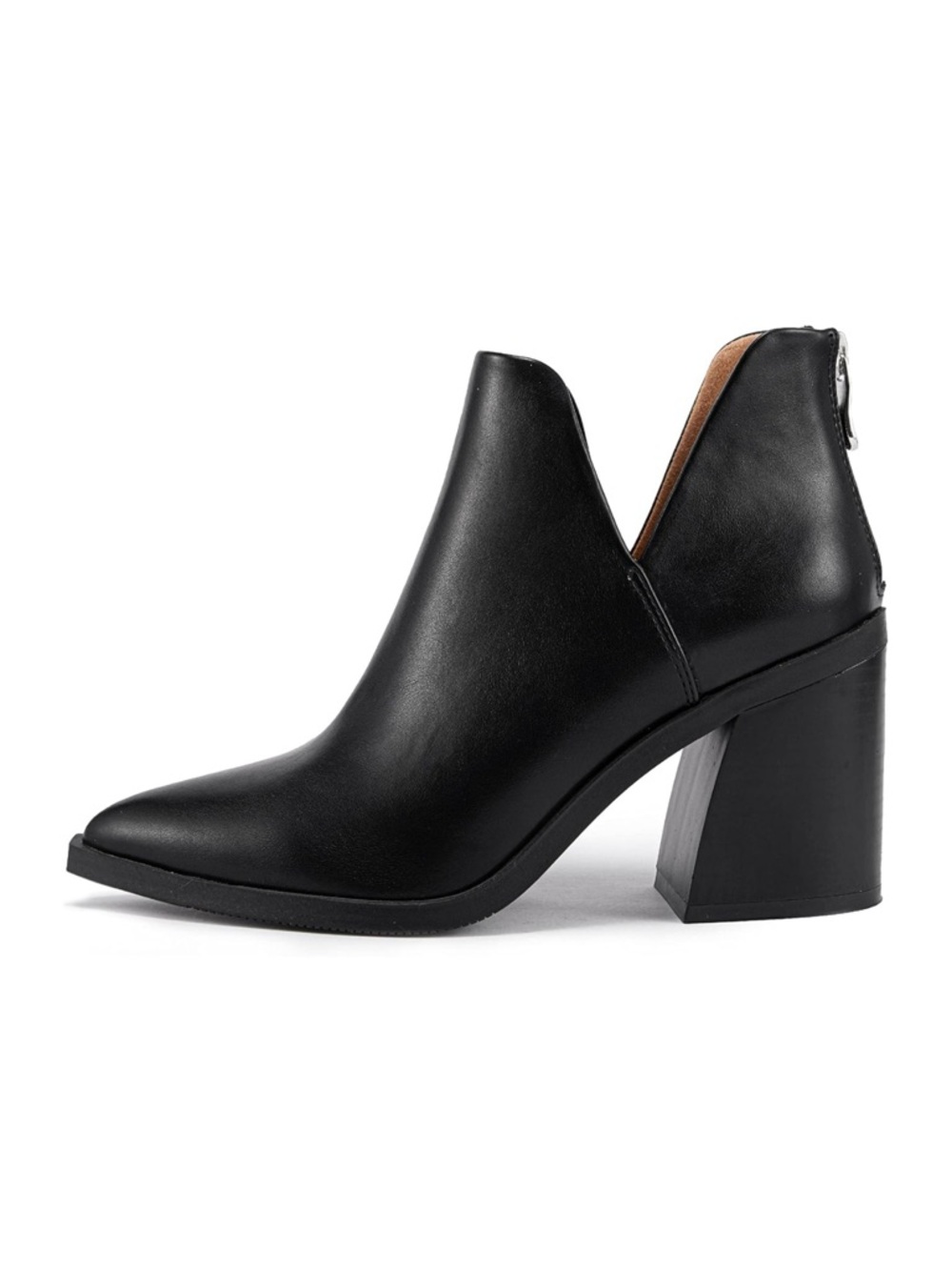 Black V-Cut Block Heel Ankle Boot